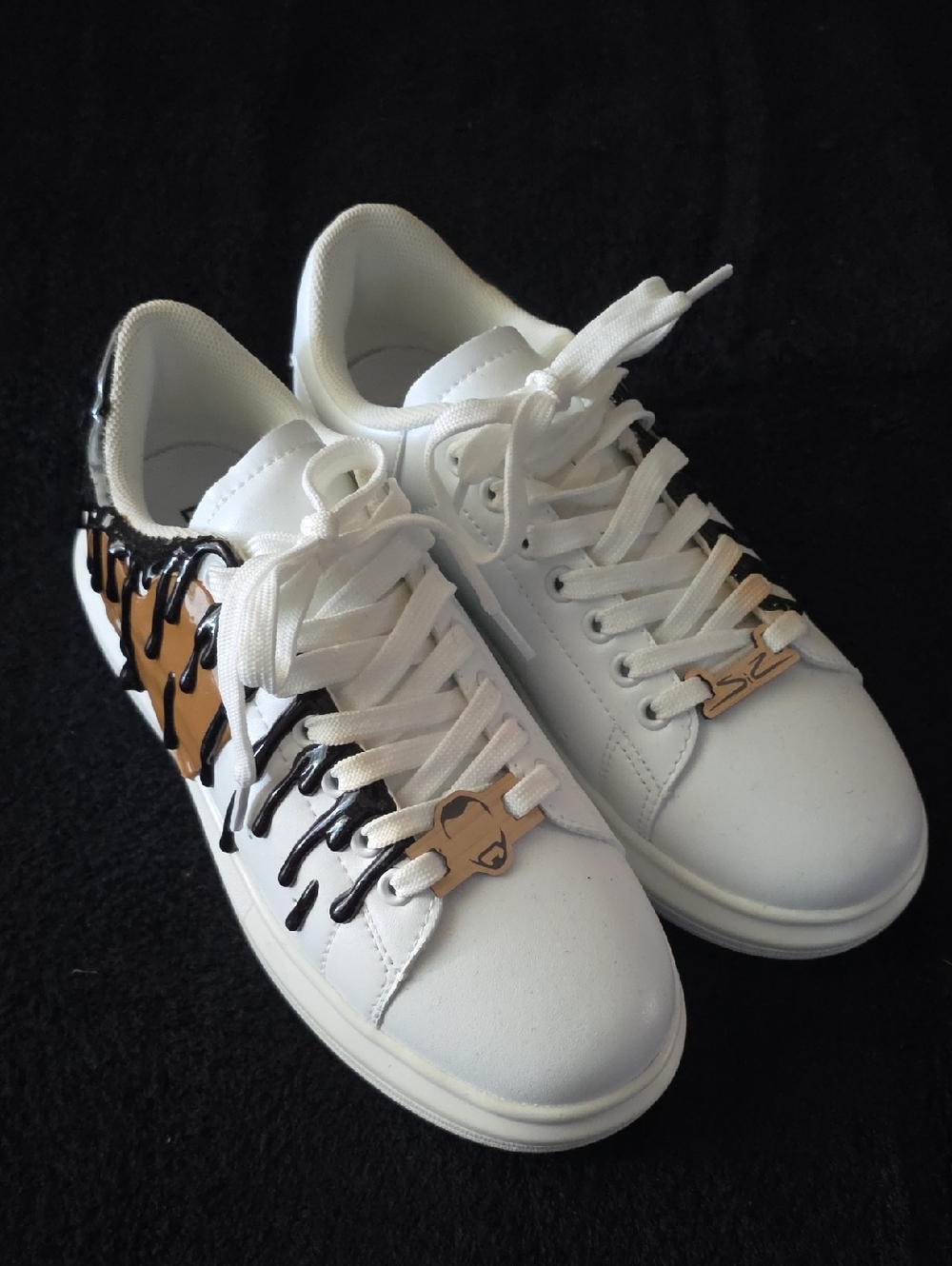 SOLEBYSIR CUSTOM Women’s White Sneakers with Black Drip and Tan Accent